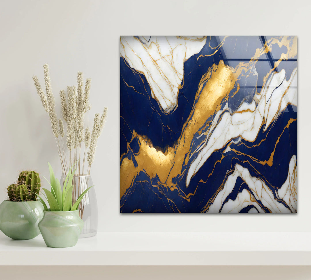Navy White Marble Wall Art – Luxurious Glass Print with Gold Veins for Elegant and Modern Interiors - MyPhotoStation