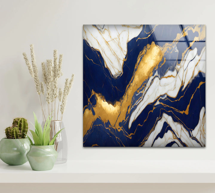 Navy White Marble Wall Art – Luxurious Glass Print with Gold Veins for Elegant and Modern Interiors - MyPhotoStation