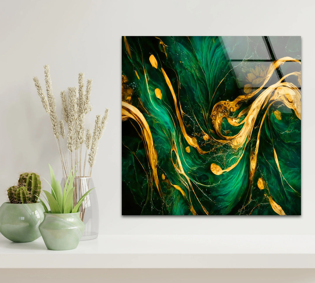 Green Gold Abstract Wall Art – Luxury Glass Print with Flowing Metallic Design for Modern Interiors - MyPhotoStation