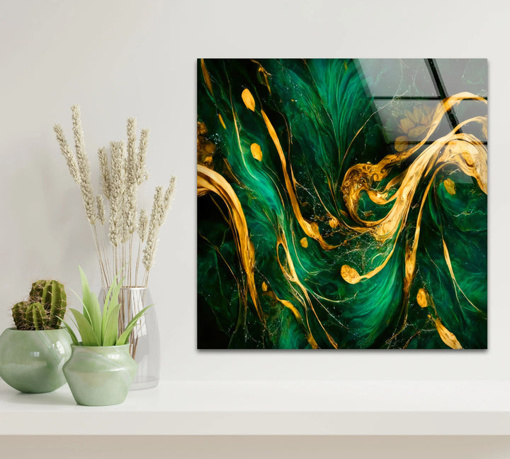 Green Gold Abstract Wall Art – Luxury Glass Print with Flowing Metallic Design for Modern Interiors - MyPhotoStation