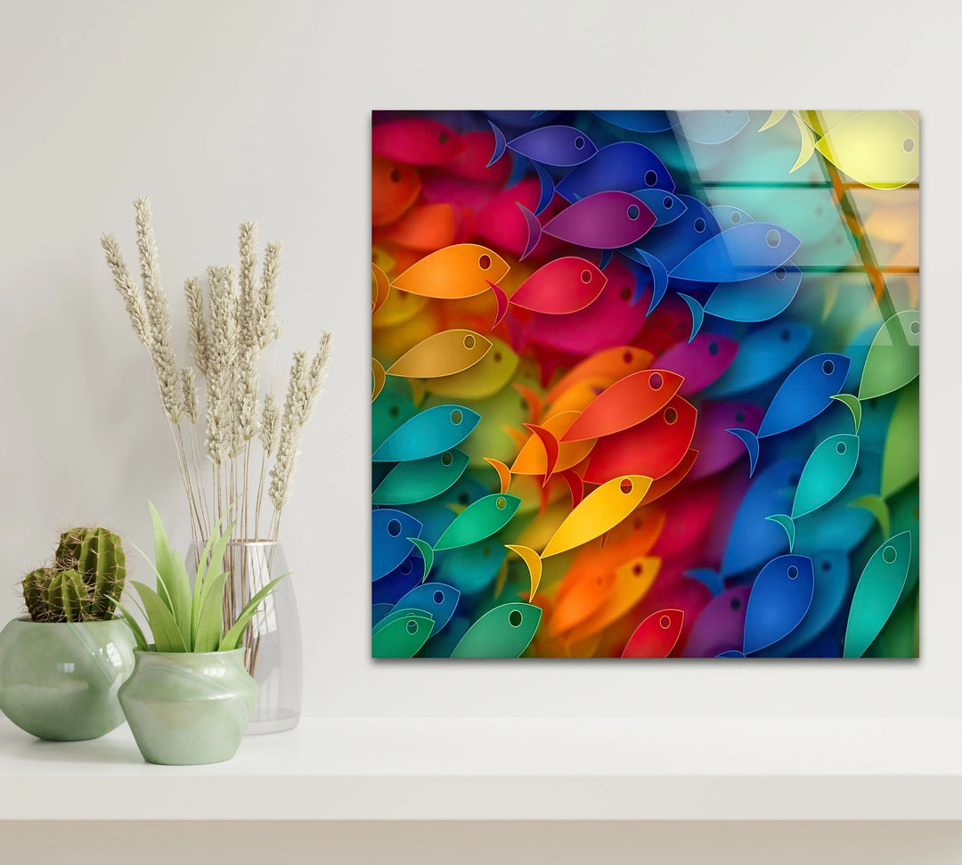 Rainbow Fish Wall Art – Colorful Glass Print with Vibrant School of Fish Design for Playful or Coastal Interiors - MyPhotoStation