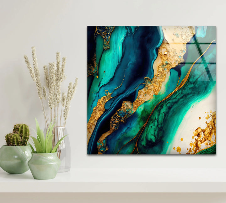 Ocean Gold Abstract Wall Art – Luxurious Glass Print in Deep Teal, Turquoise, and Metallic Gold for Elegant Interiors - MyPhotoStation
