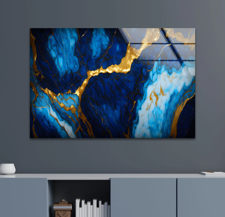 Blue Marble Gold Vein Wall Art – Luxurious Glass Print in Deep Navy and Metallic Accents for Elegant Modern Spaces - MyPhotoStation
