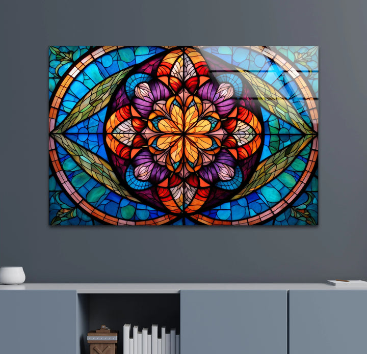 Stained Glass Mandala Wall Art – Colorful Symmetrical Glass Print for Boho, Spiritual, or Artistic Interiors - MyPhotoStation