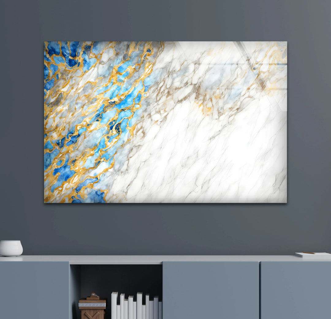 White Marble Abstract Wall Art – Elegant Glass Print with Blue and Gold Vein Accents for Luxe Modern Interiors - MyPhotoStation