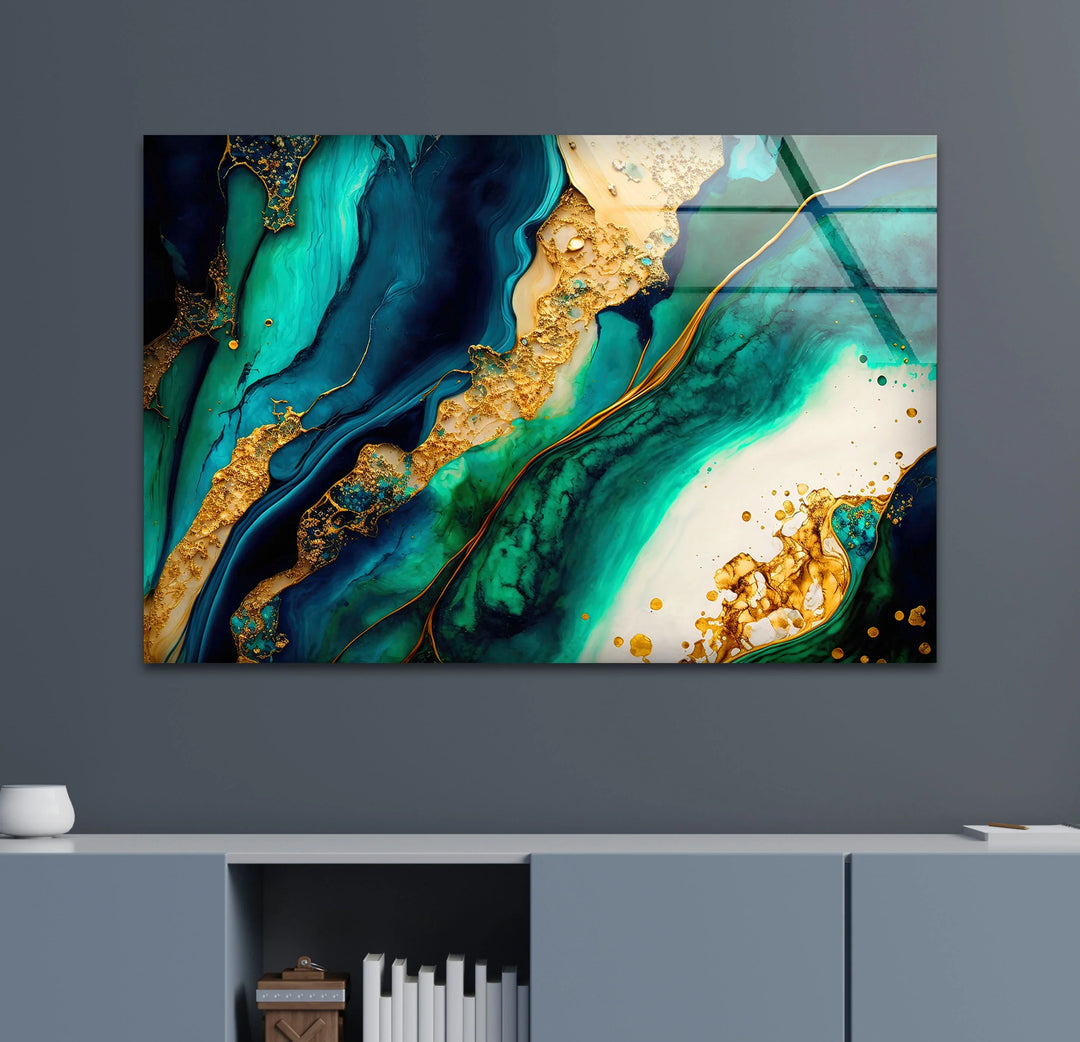 Ocean Gold Abstract Wall Art – Luxurious Glass Print in Deep Teal, Turquoise, and Metallic Gold for Elegant Interiors - MyPhotoStation