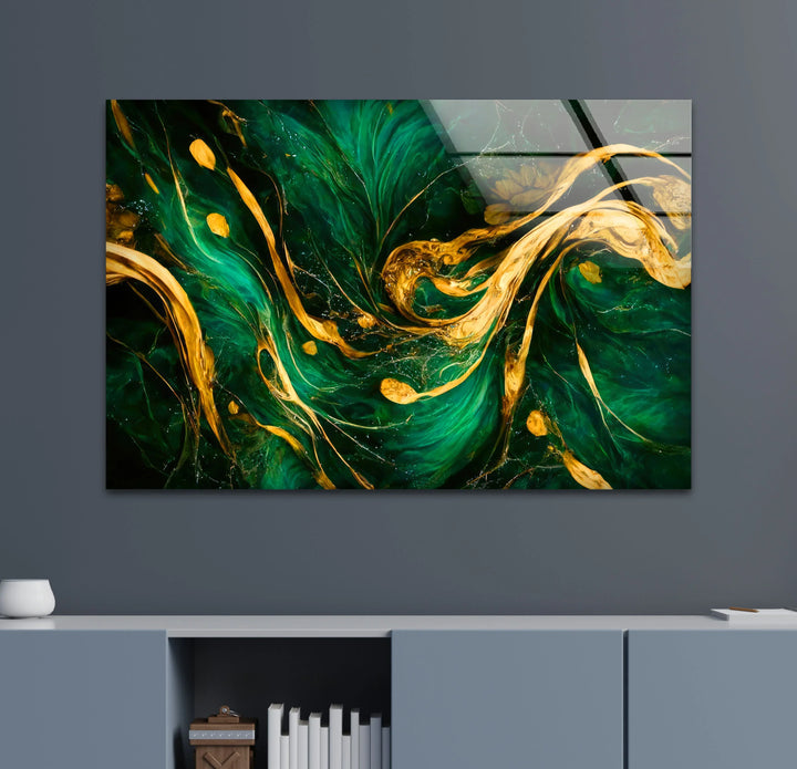 Green Gold Abstract Wall Art – Luxury Glass Print with Flowing Metallic Design for Modern Interiors - MyPhotoStation