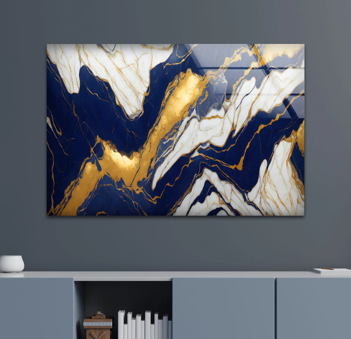 Navy White Marble Wall Art – Luxurious Glass Print with Gold Veins for Elegant and Modern Interiors - MyPhotoStation