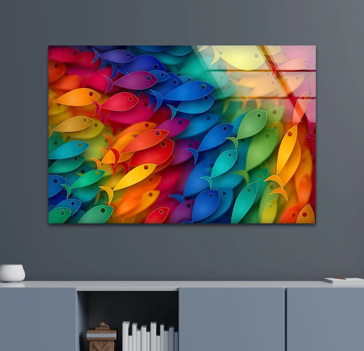 Rainbow Fish Wall Art – Colorful Glass Print with Vibrant School of Fish Design for Playful or Coastal Interiors - MyPhotoStation