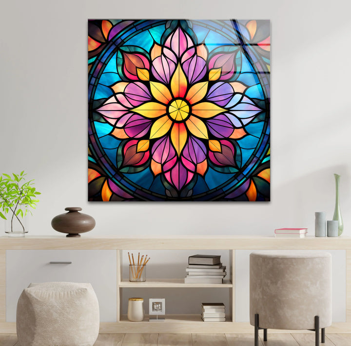Colorful Mandala Wall Art – Vibrant Stained Glass Style Glass Print for Boho or Modern Interiors - MyPhotoStation