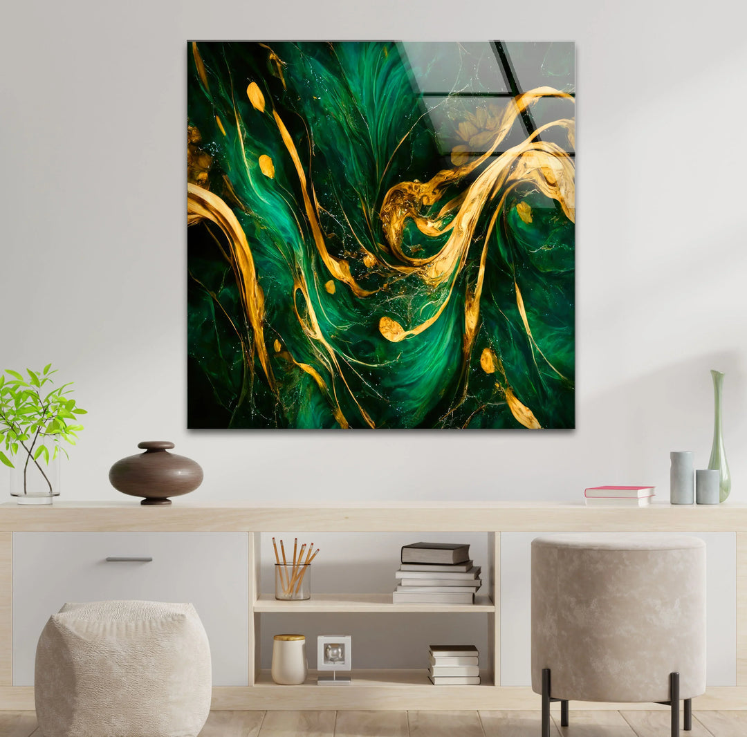 Green Gold Abstract Wall Art – Luxury Glass Print with Flowing Metallic Design for Modern Interiors - MyPhotoStation