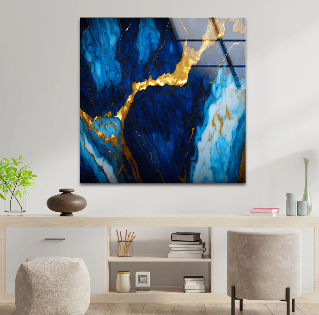 Blue Marble Gold Vein Wall Art – Luxurious Glass Print in Deep Navy and Metallic Accents for Elegant Modern Spaces - MyPhotoStation
