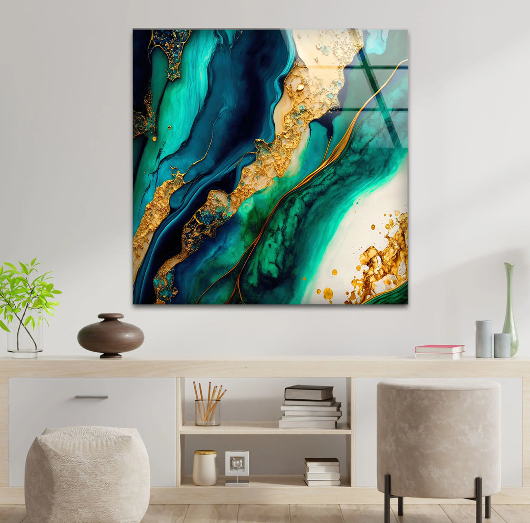 Ocean Gold Abstract Wall Art – Luxurious Glass Print in Deep Teal, Turquoise, and Metallic Gold for Elegant Interiors - MyPhotoStation