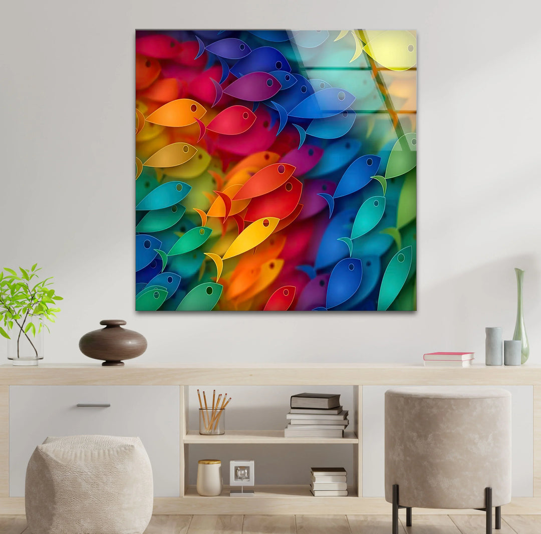 Rainbow Fish Wall Art – Colorful Glass Print with Vibrant School of Fish Design for Playful or Coastal Interiors - MyPhotoStation