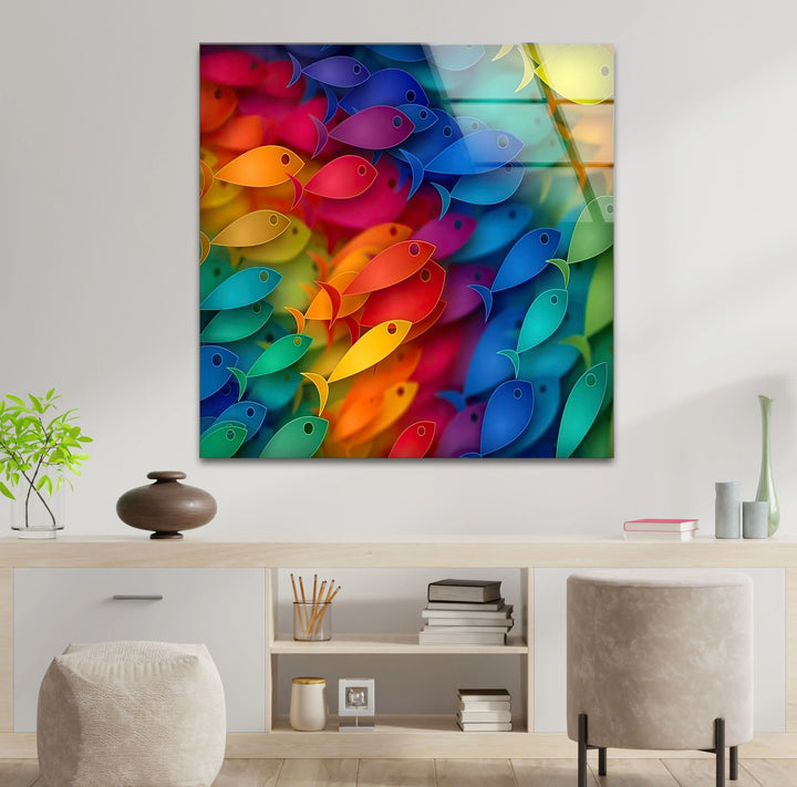 Rainbow Fish Wall Art – Colorful Glass Print with Vibrant School of Fish Design for Playful or Coastal Interiors - MyPhotoStation