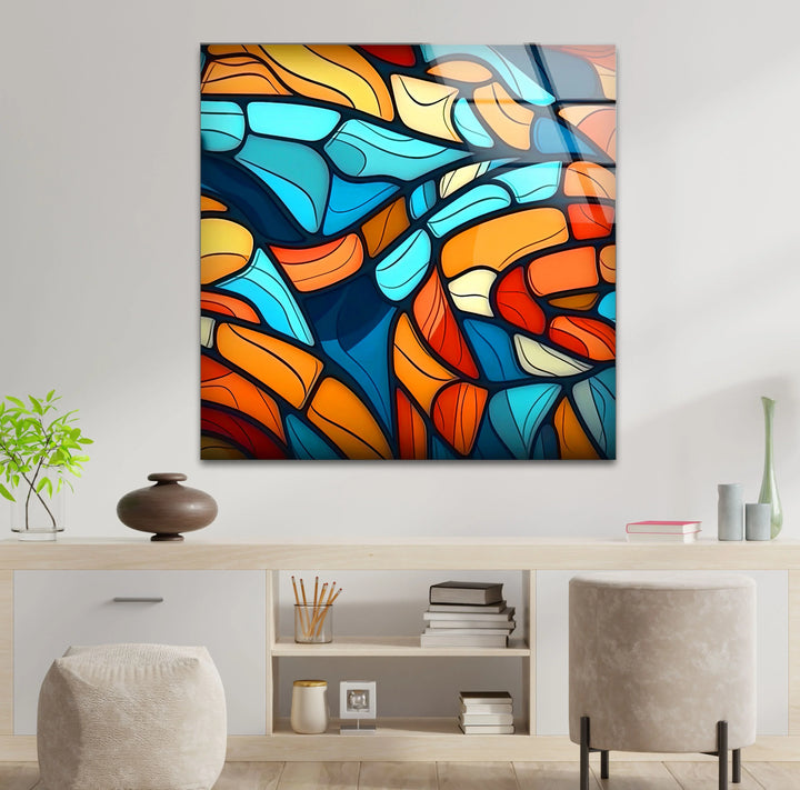 Colorful Abstract Mosaic Wall Art – Modern Glass Print in Blue, Orange, and Red for Bold Interior Design - MyPhotoStation