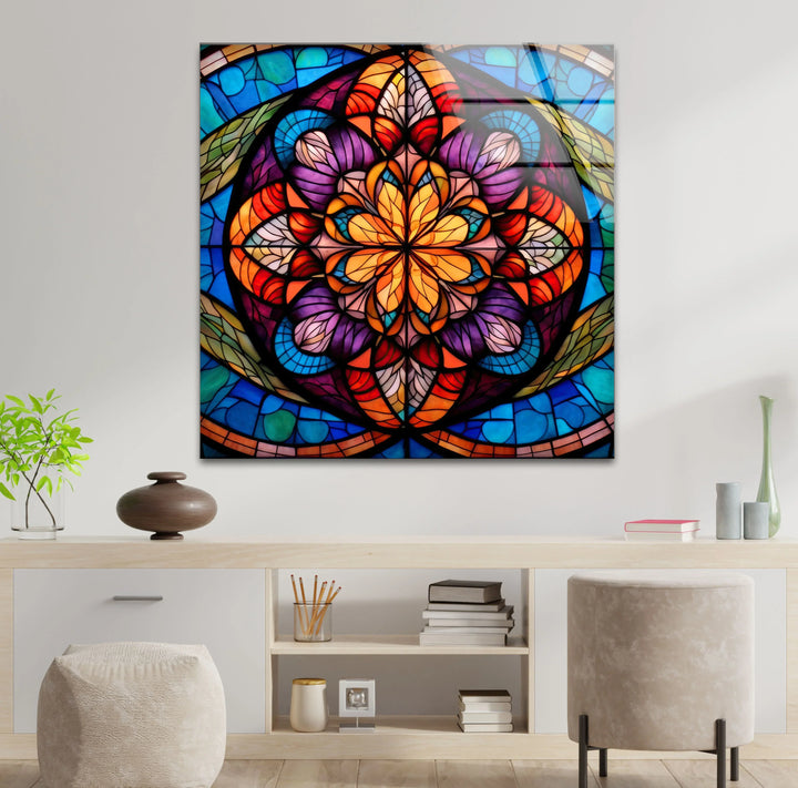 Stained Glass Mandala Wall Art – Colorful Symmetrical Glass Print for Boho, Spiritual, or Artistic Interiors - MyPhotoStation