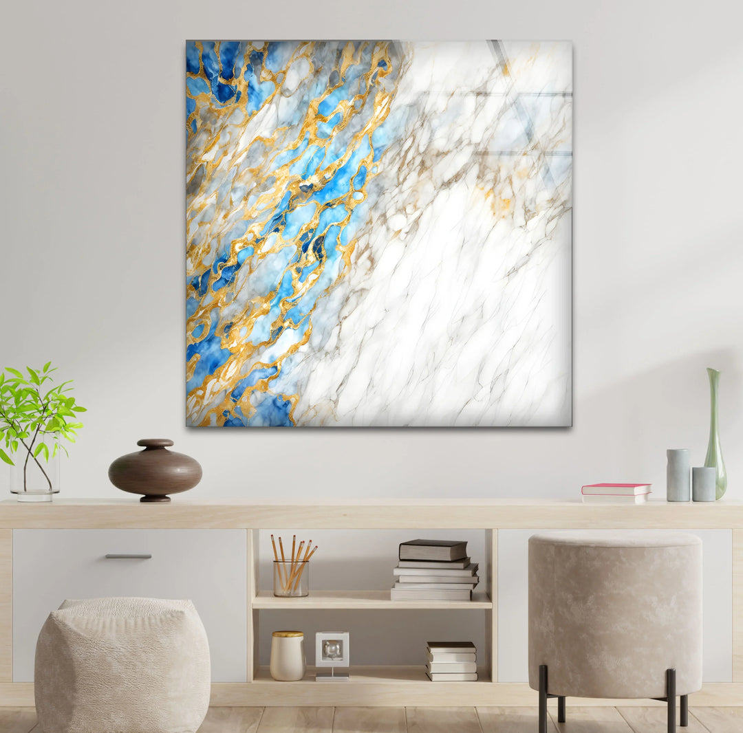 White Marble Abstract Wall Art – Elegant Glass Print with Blue and Gold Vein Accents for Luxe Modern Interiors - MyPhotoStation