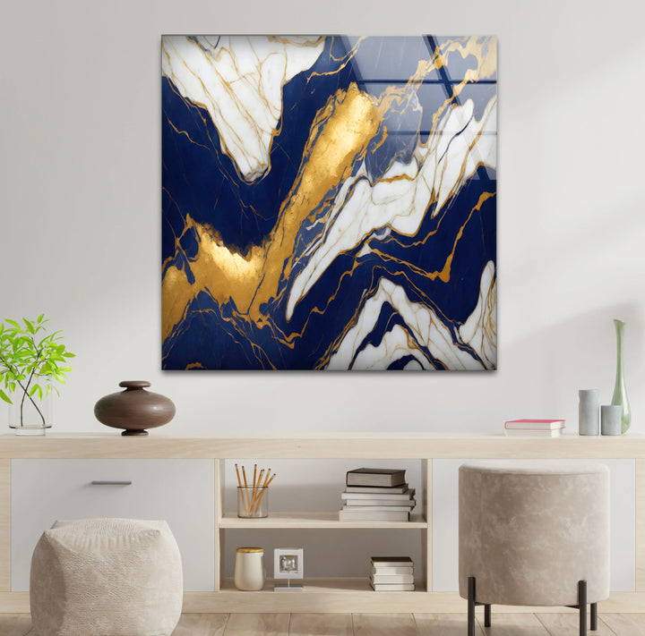 Navy White Marble Wall Art – Luxurious Glass Print with Gold Veins for Elegant and Modern Interiors - MyPhotoStation