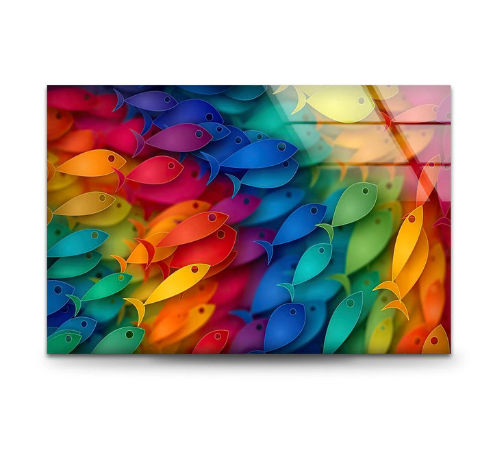 Rainbow Fish Wall Art – Colorful Glass Print with Vibrant School of Fish Design for Playful or Coastal Interiors - MyPhotoStation