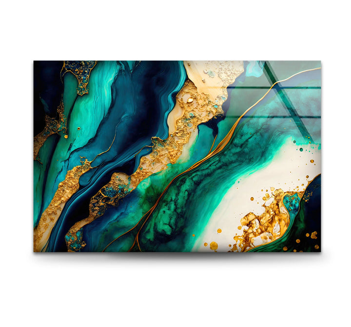 Ocean Gold Abstract Wall Art – Luxurious Glass Print in Deep Teal, Turquoise, and Metallic Gold for Elegant Interiors - MyPhotoStation