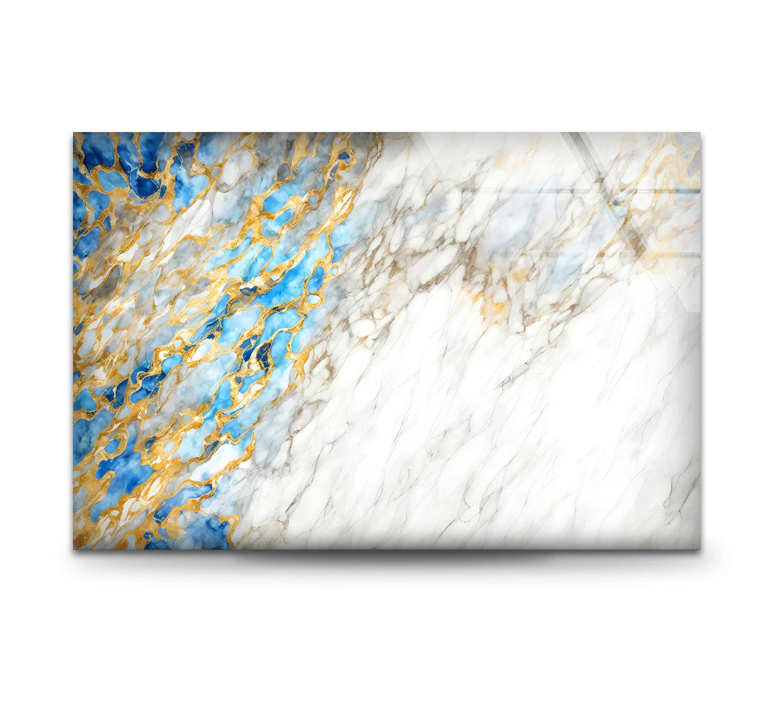 White Marble Abstract Wall Art – Elegant Glass Print with Blue and Gold Vein Accents for Luxe Modern Interiors - MyPhotoStation