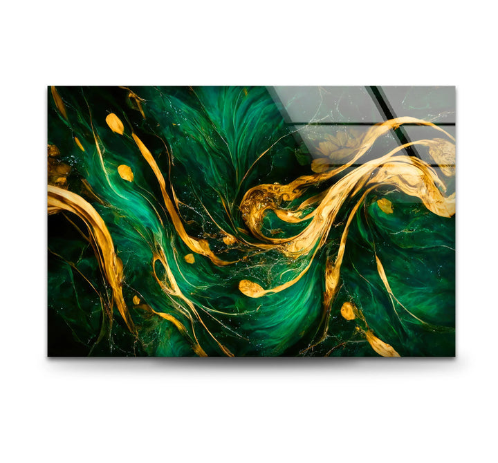 Green Gold Abstract Wall Art – Luxury Glass Print with Flowing Metallic Design for Modern Interiors - MyPhotoStation