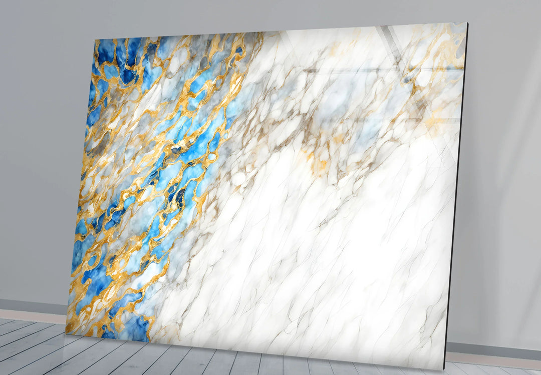 White Marble Abstract Wall Art – Elegant Glass Print with Blue and Gold Vein Accents for Luxe Modern Interiors - MyPhotoStation