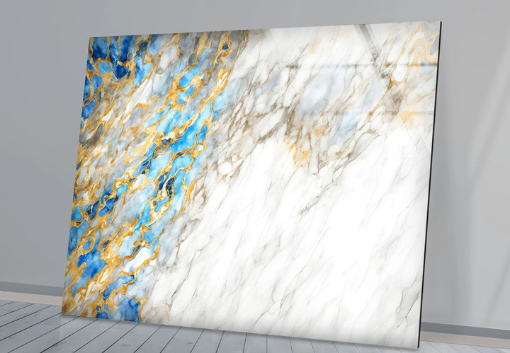White Marble Abstract Wall Art – Elegant Glass Print with Blue and Gold Vein Accents for Luxe Modern Interiors - MyPhotoStation