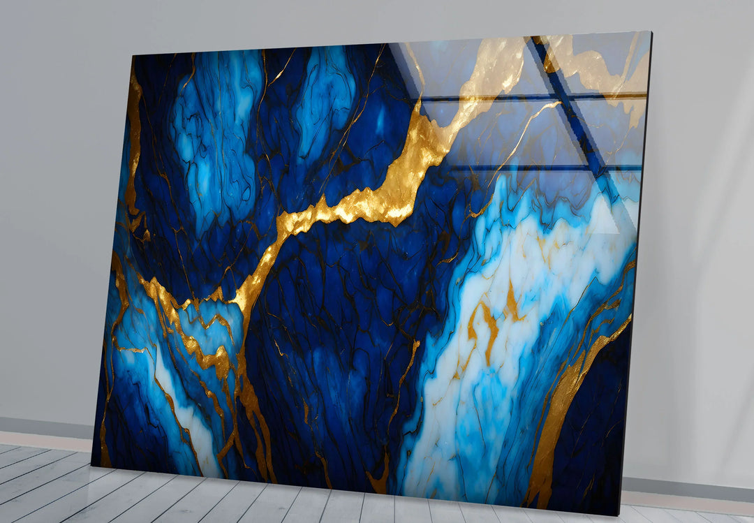 Blue Marble Gold Vein Wall Art – Luxurious Glass Print in Deep Navy and Metallic Accents for Elegant Modern Spaces - MyPhotoStation