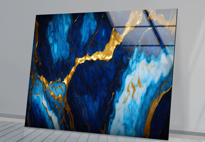 Blue Marble Gold Vein Wall Art – Luxurious Glass Print in Deep Navy and Metallic Accents for Elegant Modern Spaces - MyPhotoStation