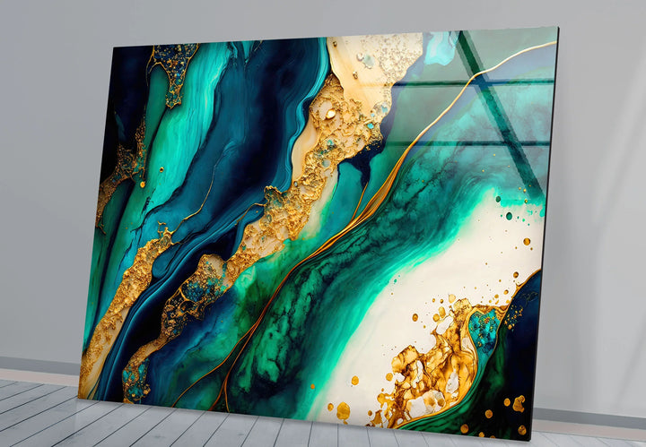 Ocean Gold Abstract Wall Art – Luxurious Glass Print in Deep Teal, Turquoise, and Metallic Gold for Elegant Interiors - MyPhotoStation