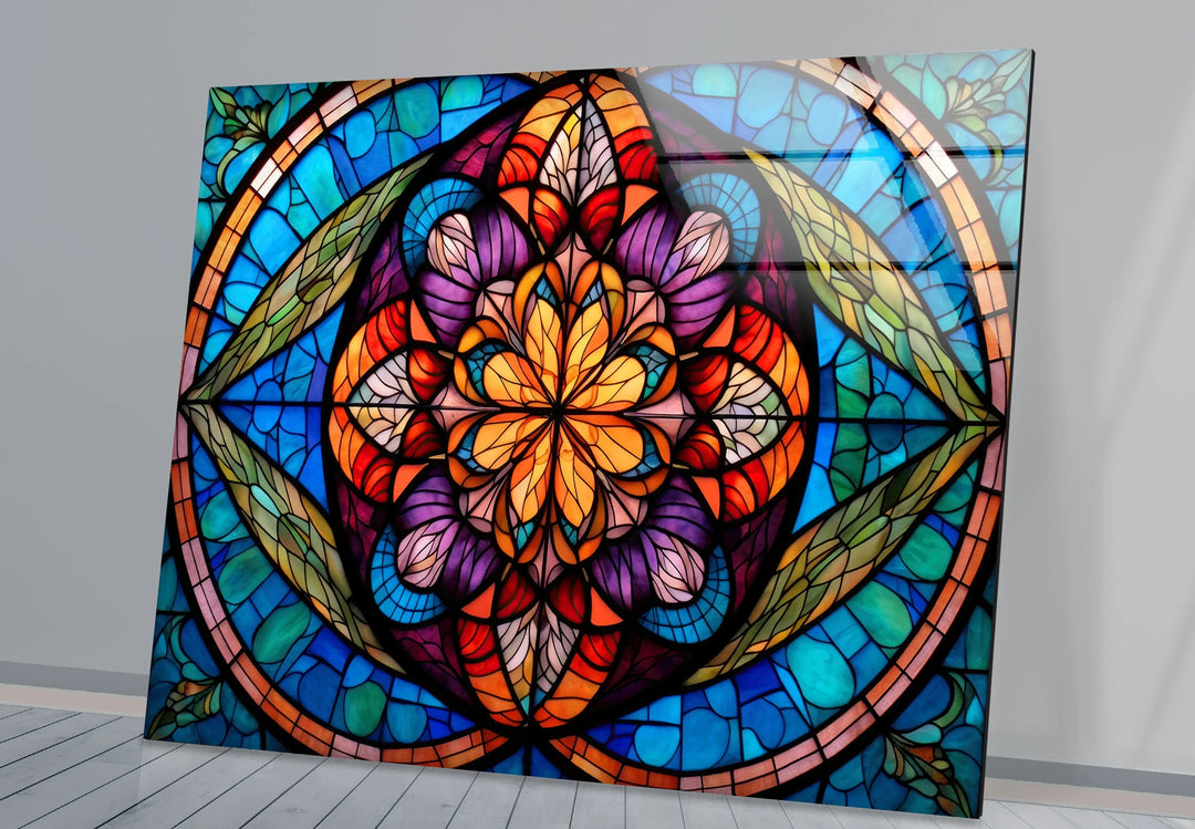 Stained Glass Mandala Wall Art – Colorful Symmetrical Glass Print for Boho, Spiritual, or Artistic Interiors - MyPhotoStation