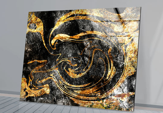 A luxurious textured glass print features swirling metallic gold in the brightest area against a black stone texture.