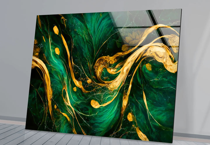 Green Gold Abstract Wall Art – Luxury Glass Print with Flowing Metallic Design for Modern Interiors - MyPhotoStation