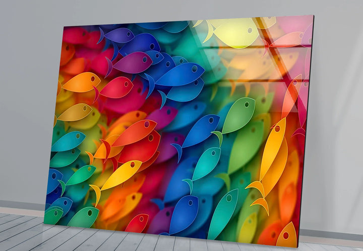 Rainbow Fish Wall Art – Colorful Glass Print with Vibrant School of Fish Design for Playful or Coastal Interiors - MyPhotoStation
