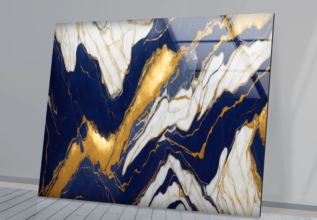 Navy White Marble Wall Art – Luxurious Glass Print with Gold Veins for Elegant and Modern Interiors - MyPhotoStation