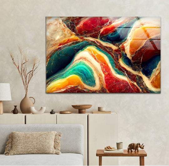 Abstract geometric waves in vibrant teal, red, and gold create a striking marble effect on this best glass art.