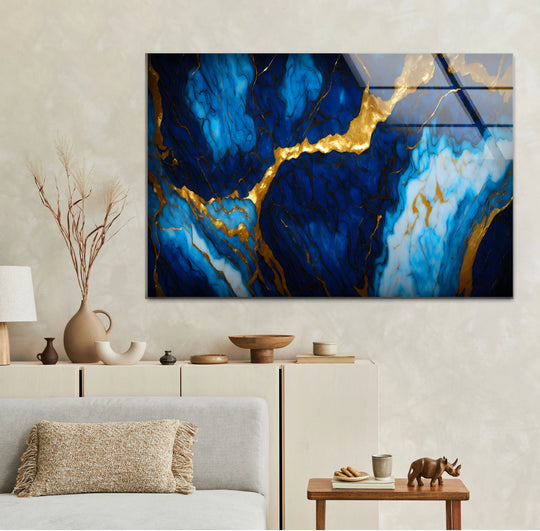 An abstract sapphire veins glass art painting of blue marble with striking gold veins.