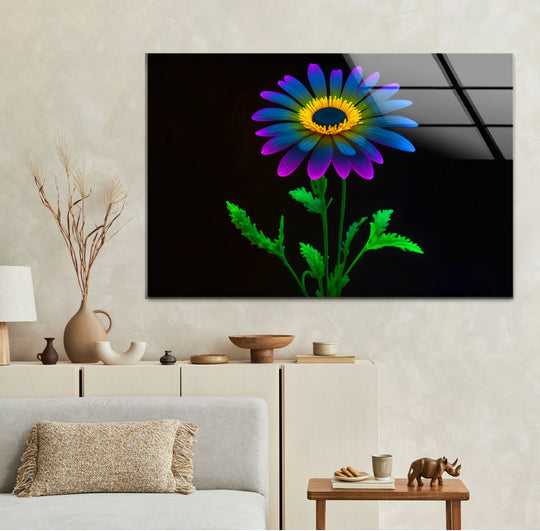 Neon Daisy Flower Wall Art – Colorful Glass Print on Black Background for Modern and Futuristic Interiors - MyPhotoStation
