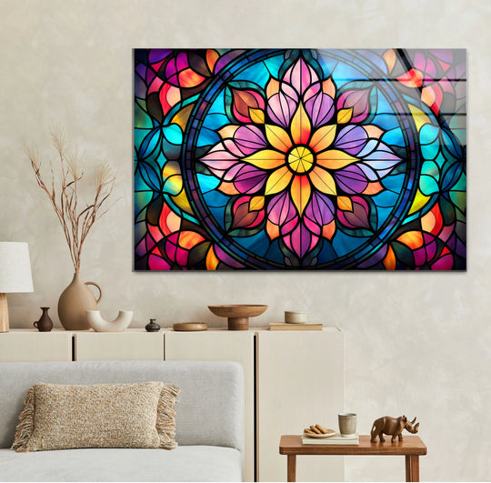 Colorful Mandala Wall Art – Vibrant Stained Glass Style Glass Print for Boho or Modern Interiors - MyPhotoStation