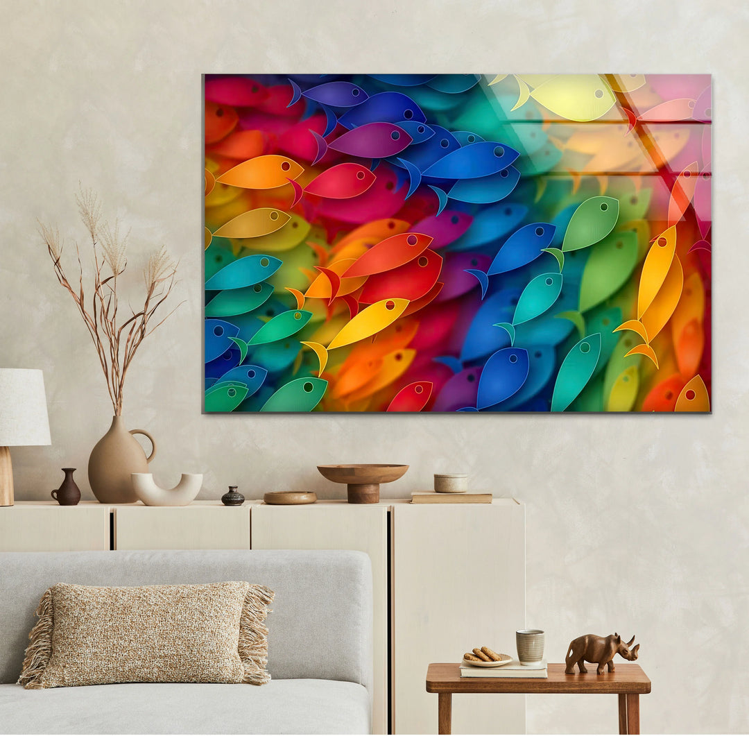 Rainbow Fish Wall Art – Colorful Glass Print with Vibrant School of Fish Design for Playful or Coastal Interiors - MyPhotoStation