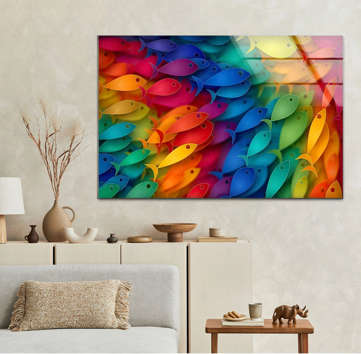 Rainbow Fish Wall Art – Colorful Glass Print with Vibrant School of Fish Design for Playful or Coastal Interiors - MyPhotoStation