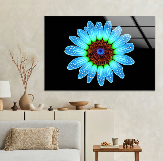 Blue Daisy Flower Wall Art – Luminous Glass Print on Black Background with Water Droplet Detail for Modern Interiors - MyPhotoStation