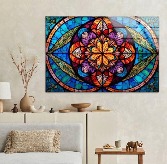Stained Glass Mandala Wall Art – Colorful Symmetrical Glass Print for Boho, Spiritual, or Artistic Interiors - MyPhotoStation