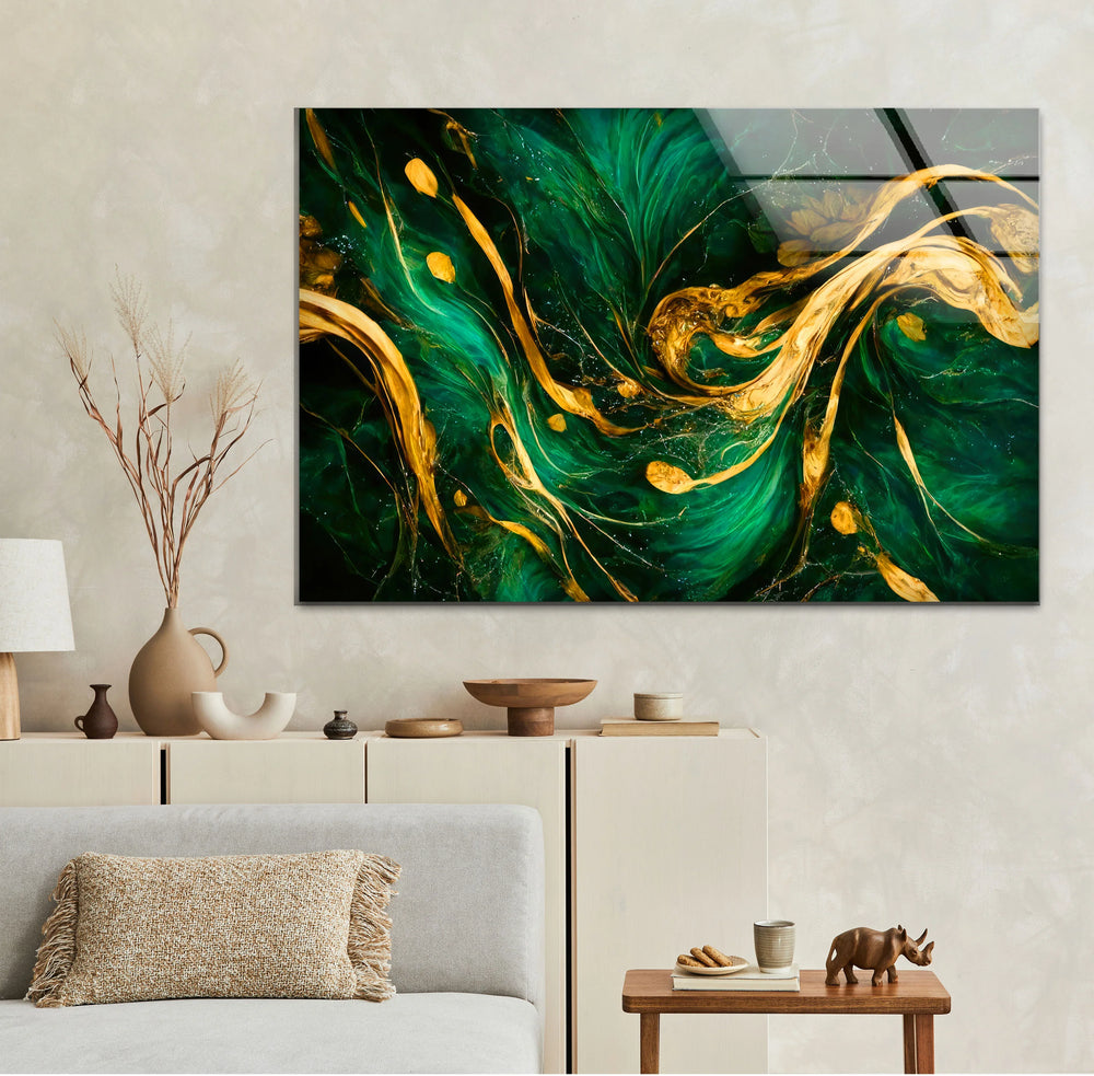 Green Gold Abstract Wall Art – Luxury Glass Print with Flowing Metallic Design for Modern Interiors - MyPhotoStation