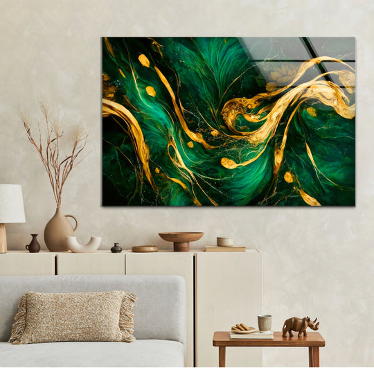 Textured cream wall serves as a neutral backdrop for dynamic emerald green and gold abstract glass printing.