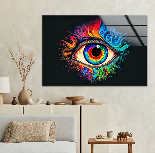A close-up of this wall art prints showcases a vibrant, abstract eye rendered with bold strokes and radiating, textured color against a dark, smooth background.