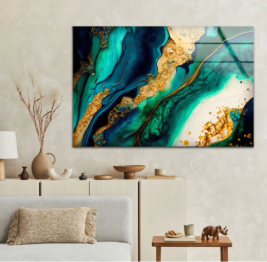 Abstract glass art painting featuring deep navy and emerald teal layers accented with shimmering gold veining.