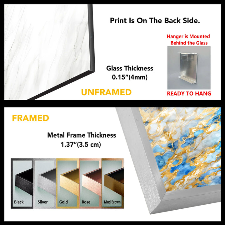 White Marble Abstract Wall Art – Elegant Glass Print with Blue and Gold Vein Accents for Luxe Modern Interiors - MyPhotoStation